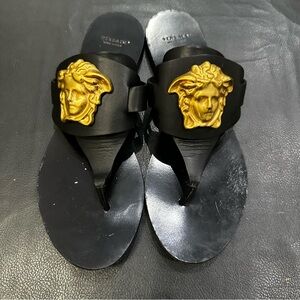 Versace Black Flats with Gold Medusa Detail